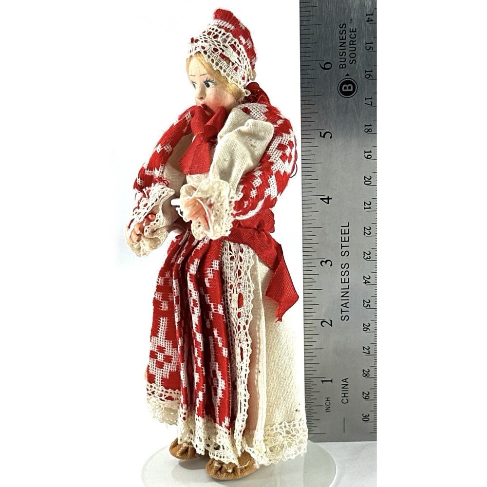 Vintage 7” European Folk Doll Red White Costume Lace Bonnet w/ Stand - Picture 4 of 8